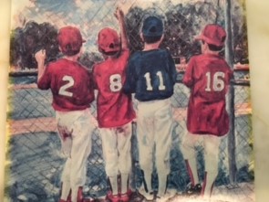 Painting of boys in baseball uniforms standing watching a game