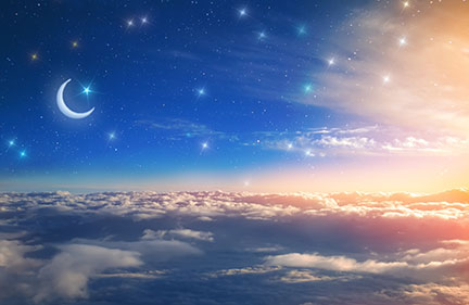 illustrated rendering of the sky above a clouds with bright stars and a silver crescent moon.